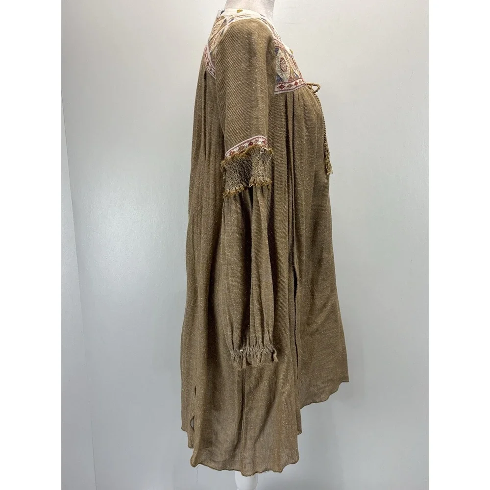 Free People Sahara San Shift Dress Sz Medium Boho Embroidered Long Sleeve Tan